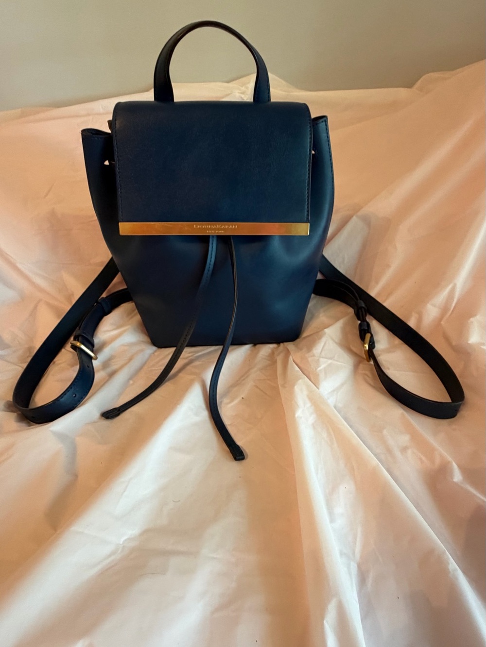 Donna Karan Navy Leather Mini Backpack with Gold Bar